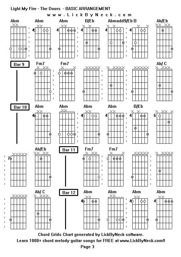 Chord Grids Chart of chord melody fingerstyle guitar song-Light My Fire - The Doors  - BASIC ARRANGEMENT,generated by LickByNeck software.